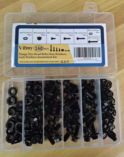 Open case showing M8-1.25 Flange Bolt Kit 160-Piece With 8mm Bolts, Serrated Flange Nuts, Washers, Alloy Steel Black Oxide Finish