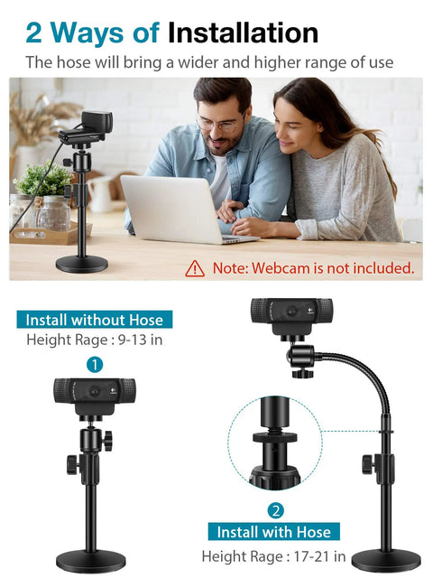 Heavy Duty Flexible Webcam Stand Arm With Smooth Tilting Desk Camera Mount Holder For Universal Quarter Inch Threads And Logitech Gear showing installation options.