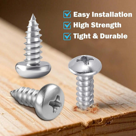 Close-up of Go-To Assorted Self Tapping Screws Kit For Wood And Drywall With 100 Pcs Of 304 Stainless Steel screws on wood surface