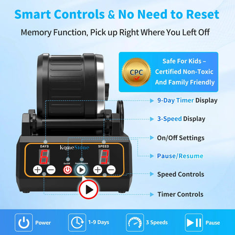 Rock Tumbler Kit With Quiet 2.5Lb Rubber Barrel Rotary Polisher Three Speeds Nine Day Timer With Memory Function full control panel