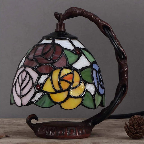 Rose Tiffany Style Stained Glass Table Lamp With Six Inch Lampshade On Sturdy Cast Iron Base Pink Handmade Decor That Pops