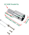 Metal Threaded Tip Replacement For Wood Push Broom Handle Fits Most One Inch Handles Aluminum Alloy Silver Color DIY Quick Fix Kit With Two Screws One Bolt And Rivets Save Cash On Broom Repairs showing ACME threaded tip dimensions with screws and rivets