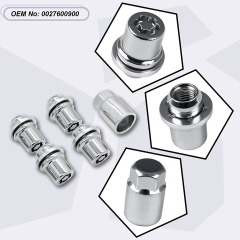 Four Piece M12 X 1.5 Wheel Lock Lug Nuts Set With One Key, OEM Design, chrome finish, each nut detailed view