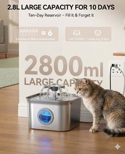 Cat beside Quiet Stainless Steel Cat Water Fountain 2.8L With 20dB Ultra Quiet Pump and LED Water Level Window
