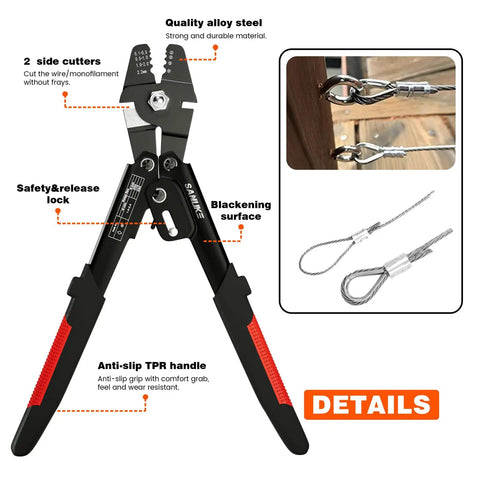 Heavy Duty Wire Rope Crimp Tool Kit For 1/16, 3/64 And 5/64 Inch Cable with features highlighted