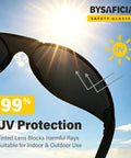 Bulk Pack Of Twenty Four Tinted Safety Glasses With Smoke Lenses And UV Protection Premium Polycarbonate Build Meets Ansi Z87 Standards, angled view with sunglare.