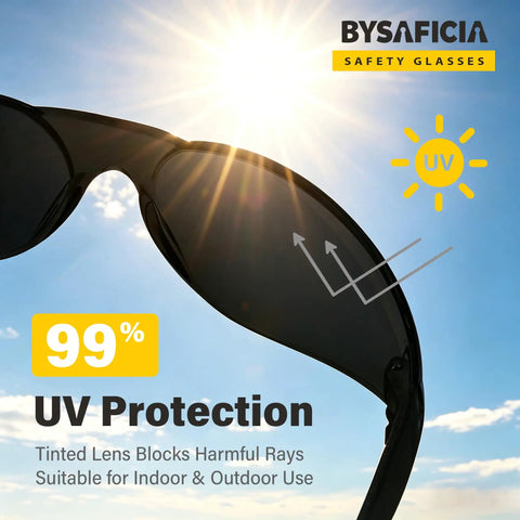 Bulk Pack Of Twenty Four Tinted Safety Glasses With Smoke Lenses And UV Protection Premium Polycarbonate Build Meets Ansi Z87 Standards, angled view with sunglare.
