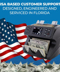 DeTect Dt600 Professional Bank Grade Money Counter Machine For Mixed Denomination Bills with USA flag in background.