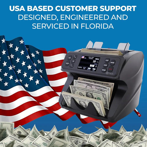 DeTect Dt600 Professional Bank Grade Money Counter Machine For Mixed Denomination Bills with USA flag in background.