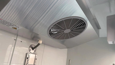 Heavy Duty Commercial Reach In Upright Refrigerator With Slick Stainless Finish showing interior fan for efficient cooling.