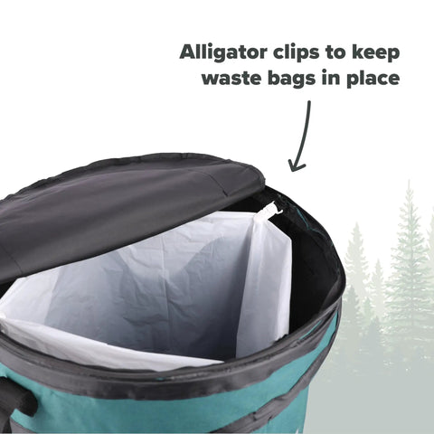 Open Deluxe Pop Up Trash Can With Zippered Lid Collapsible 29.5 Gallon Bin showing bag clips holding liner in place