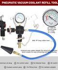 Front view of automotive coolant vacuum refill kit with pressure gauge, 28-piece set, radiator adapters, and blue hose.