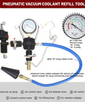 Drop Dead Easy Coolant Vacuum Refill Kit With 34 Pieces And 25 Radiator Adapters for pressure testing, includes gauge and rubber hose.