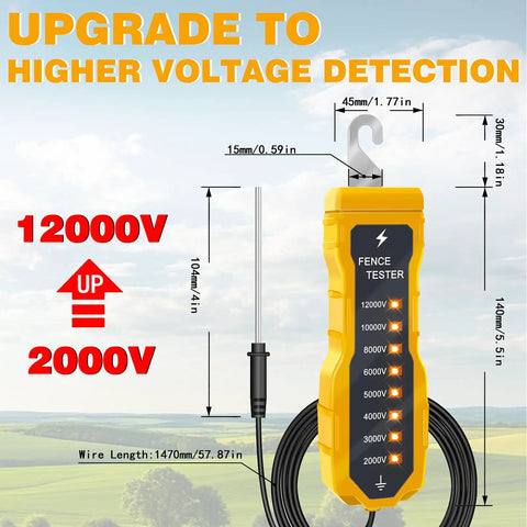 Electric Fence Voltage Tester For Farm Pro 12KV Portable Fence Testing Tool With 8 Indicator Lights Fault Finder No Battery Needed Neon Display And Easy Read Gauge For Quick Onsite Checks, yellow handheld tester with lead