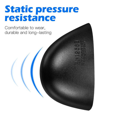 Steel Toe Cap Covers For Shoes And Work Boots, Tough As Nails Metatarsal Protectors, black steel, side view showing pressure resistance text