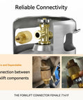 Front view of brass forklift propane tank connector (female RE7141F) with knurled coupling.