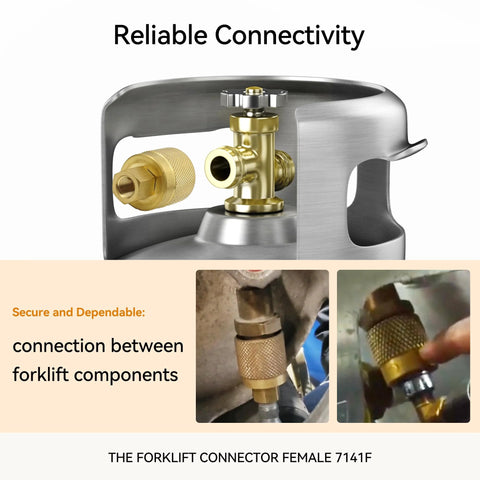 Front view of brass forklift propane tank connector (female RE7141F) with knurled coupling.