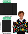 Three Pack Black Tri Fold Display Boards 24 By 16 Inches shown folded and unfolded. Child holding decorated example.