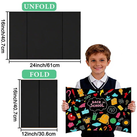 Three Pack Black Tri Fold Display Boards 24 By 16 Inches shown folded and unfolded. Child holding decorated example.