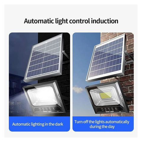 Heavy Duty Solar Led Flood Light With Remote Control delivers automatic lighting control, solar panel on wall, bright LED glow.