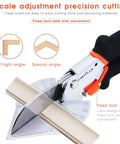 LeafLux Miter Shears for wood trim, adjustable 45°-135° multi-angle, side view with orange lock.