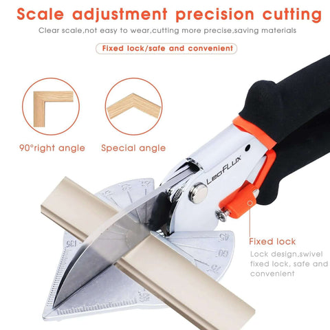 LeafLux Miter Shears for wood trim, adjustable 45°-135° multi-angle, side view with orange lock.