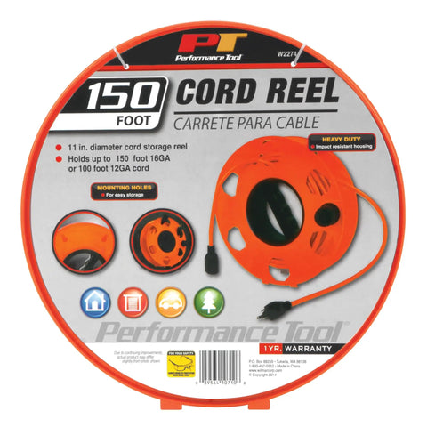 Heavy Duty 11 Inch Cord Reel With 150 Foot Capacity For Extension Cords, Rugged Orange Reel With Impact Resistant Housing