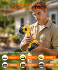 Heavy Duty Brushless Mini Circular Saw Goes Hard On Tough Stock Delivers Smooth Action Compatible With Standard 20 Volt Power Batteries Includes Six Killer Cutting Discs No Battery Or Charger Needed, shown with DEWALT battery compatibility.