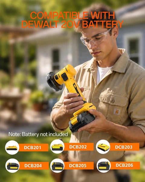 Heavy Duty Brushless Mini Circular Saw Goes Hard On Tough Stock Delivers Smooth Action Compatible With Standard 20 Volt Power Batteries Includes Six Killer Cutting Discs No Battery Or Charger Needed, shown with DEWALT battery compatibility.