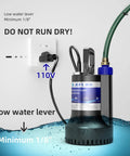 Half Horsepower Submersible Sump Pump For Pool Draining Portable Utility Water Pump For Garden Or Basement Floods Easy Setup Sub Pump With Universal Hose Adapter immersed in water with power cord and hose adapter