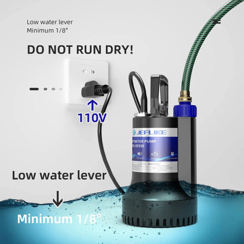 Half Horsepower Submersible Sump Pump For Pool Draining Portable Utility Water Pump For Garden Or Basement Floods Easy Setup Sub Pump With Universal Hose Adapter immersed in water with power cord and hose adapter