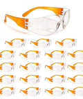 Heavy Duty Anti Fog Safety Glasses 20 Pack Slick Polycarbonate Eye Protection For Work, clear lenses with orange framing.