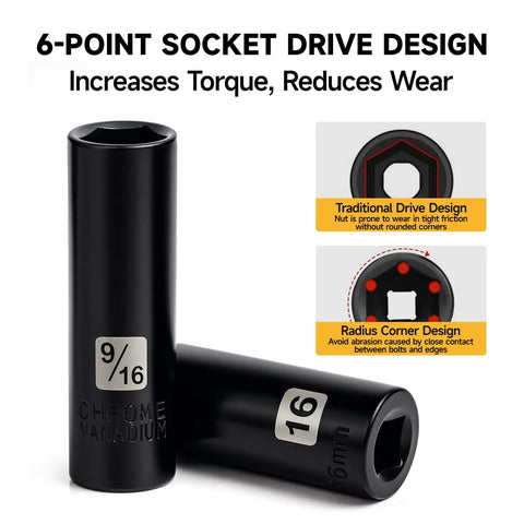 Two 6-point deep sockets from the 72 Piece Impact Socket Set Three Eighths Inch Drive With Six Point Deep Sockets SAE And Metric.
