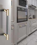 12 Pack 5 Inch Center To Center Drawer Pulls With 6 Inch Overall Length Round Aluminum Cabinet Handles In Gold Nickel Oxidation Finish And Diamond Pattern Includes 56 Screws installed in modern kitchen