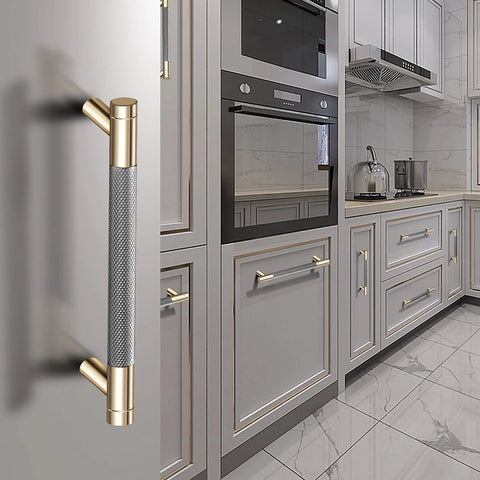 12 Pack 5 Inch Center To Center Drawer Pulls With 6 Inch Overall Length Round Aluminum Cabinet Handles In Gold Nickel Oxidation Finish And Diamond Pattern Includes 56 Screws installed in modern kitchen