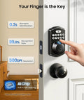Keyless Fingerprint Door Lock With Keypad Deadbolt In Matte Black with user's finger activating the sensor, showing AI features.