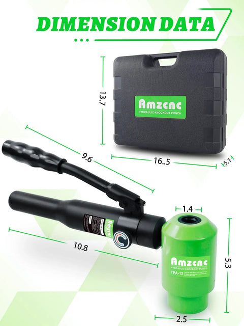 Beefy Hydraulic Knockout Hole Punch Driver Kit One-Half To Four Inches With 12 Ton Punch Capacity, dimensions and carrying case