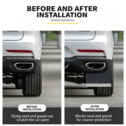 Before and after image of Heavy Duty Mud Flaps For Tesla Cybertruck showing improved protection from debris.