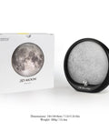 Moon Decor Lamp With Lunar Landscape Scene, Touch Dimmer In 3 Color Modes box and lamp, dimensions and weight displayed