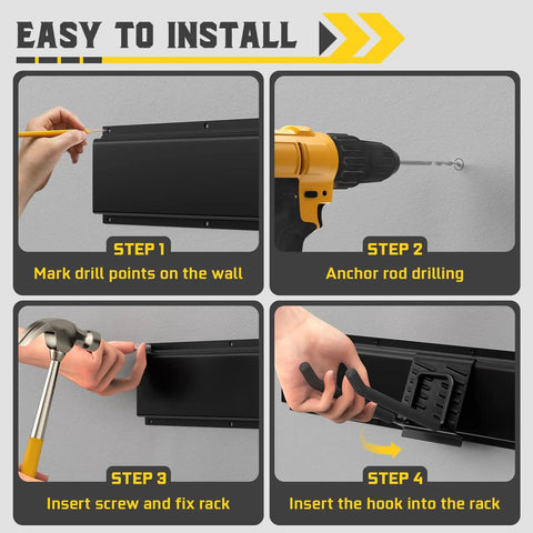 Installation steps for 64 Inch Garage Wall Tool Organizer With 900 Lb Heavy Duty Steel Rack 12 Longer And Thicker Hooks Plus 2 Straps