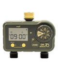Front view of Two Zone Sprinkler Timer with brass inlet for dual channel garden hose and LCD screen.