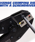 Pro Grade Crimping Tool Set with Ratchet Wire Crimper and 6 Interchangeable Dies, shown changing dies with screwdriver