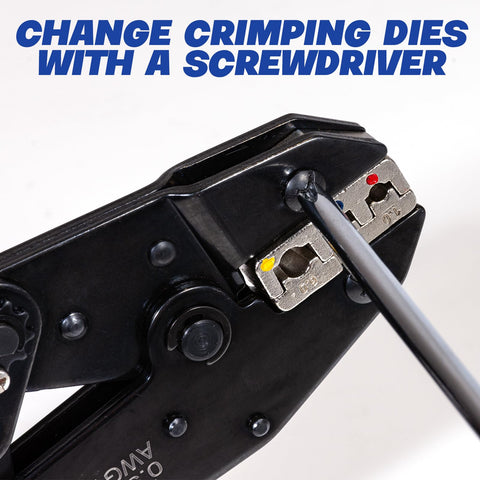 Pro Grade Crimping Tool Set with Ratchet Wire Crimper and 6 Interchangeable Dies, shown changing dies with screwdriver