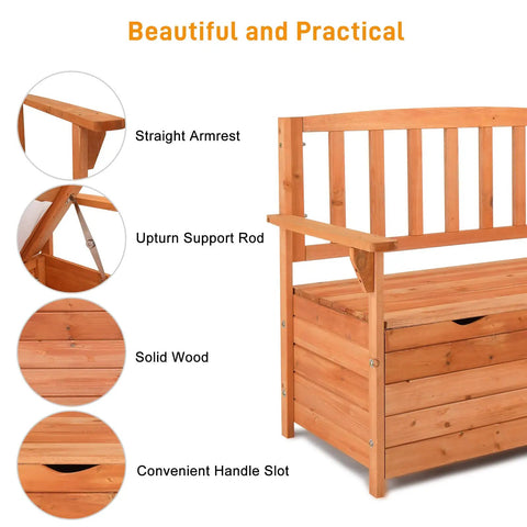 Outdoor Wood Storage Bench With Seating And Armrests Large Deck Box For Garden Patio Porch Backyard Poolside Waterproof Weatherproof Organizer Loveseat Natural Finish Dual Purpose Bench With Hidden Storage detail view