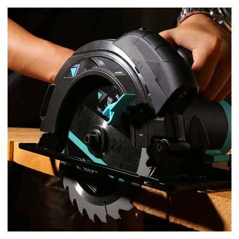 Shop Grade Heavy Duty Electric Circular Saw With 1500W Motor And 185mm Blade showing cutting dial and blade detail.