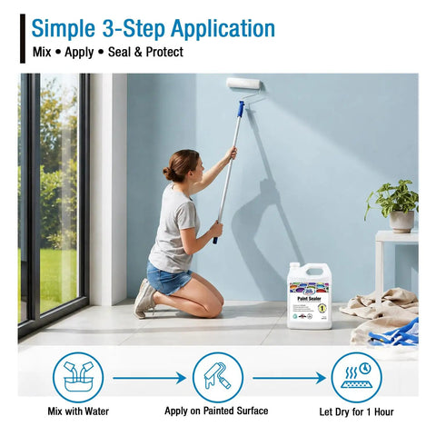 Person applying Ready To Use 1 Gallon No Fuss Waterproof Paint Sealer For Painted Concrete Wood And Stone With Silane Siloxane Acrylic Waterproofer UV Resistant Fast Drying Water-Repellent Semi Satin Finish on wall