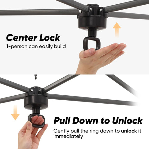 Center lock mechanism for 10x10 Pop Up Canopy Tent With Four Sidewalls One Push Setup for Quick No Tool Outdoor Shade