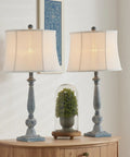 Farmhouse Table Lamps Set of 2, 27.5 Inches, Antique Blue Rustic End Table Lamps With White Bell Shade on Wooden Cabinet