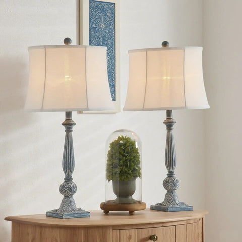 Farmhouse Table Lamps Set of 2, 27.5 Inches, Antique Blue Rustic End Table Lamps With White Bell Shade on Wooden Cabinet