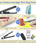 Comparison chart showing features of two bag sealers, highlighting Mini Bag Sealer For Chips And Snacks On The Go, Handy Heat Sealer.
